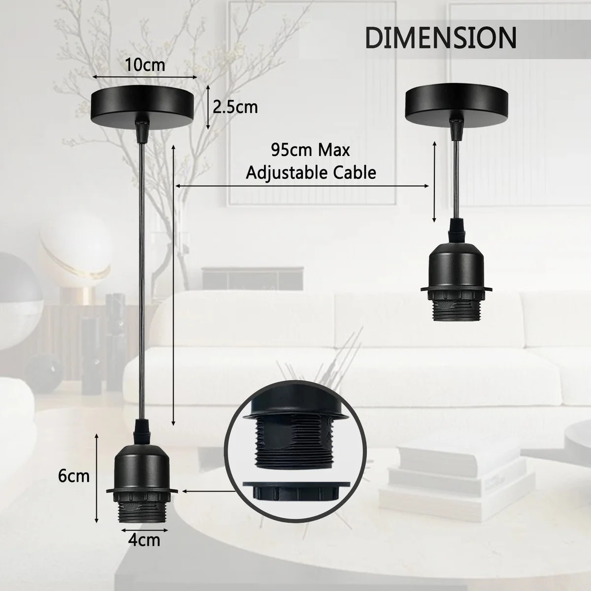 Adjustable cable pendant light holder with metal and PVC parts, E27 socket, 95cm cable, vintage style.