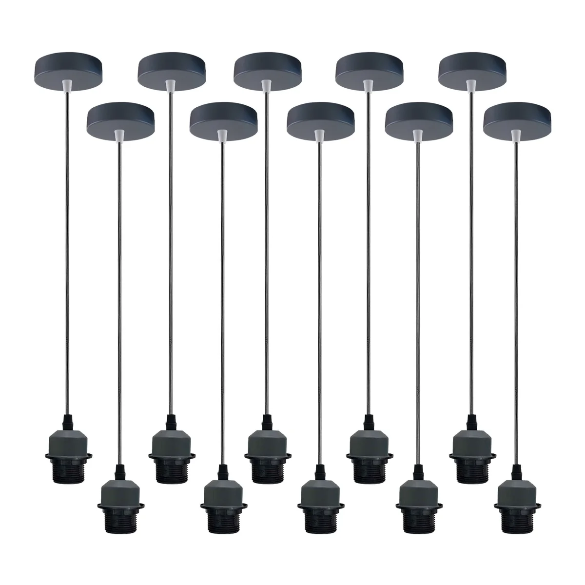 10-pack set of grey vintage-style pendant light holders with metal bodies and adjustable PVC cables, suitable for E27 bulbs.