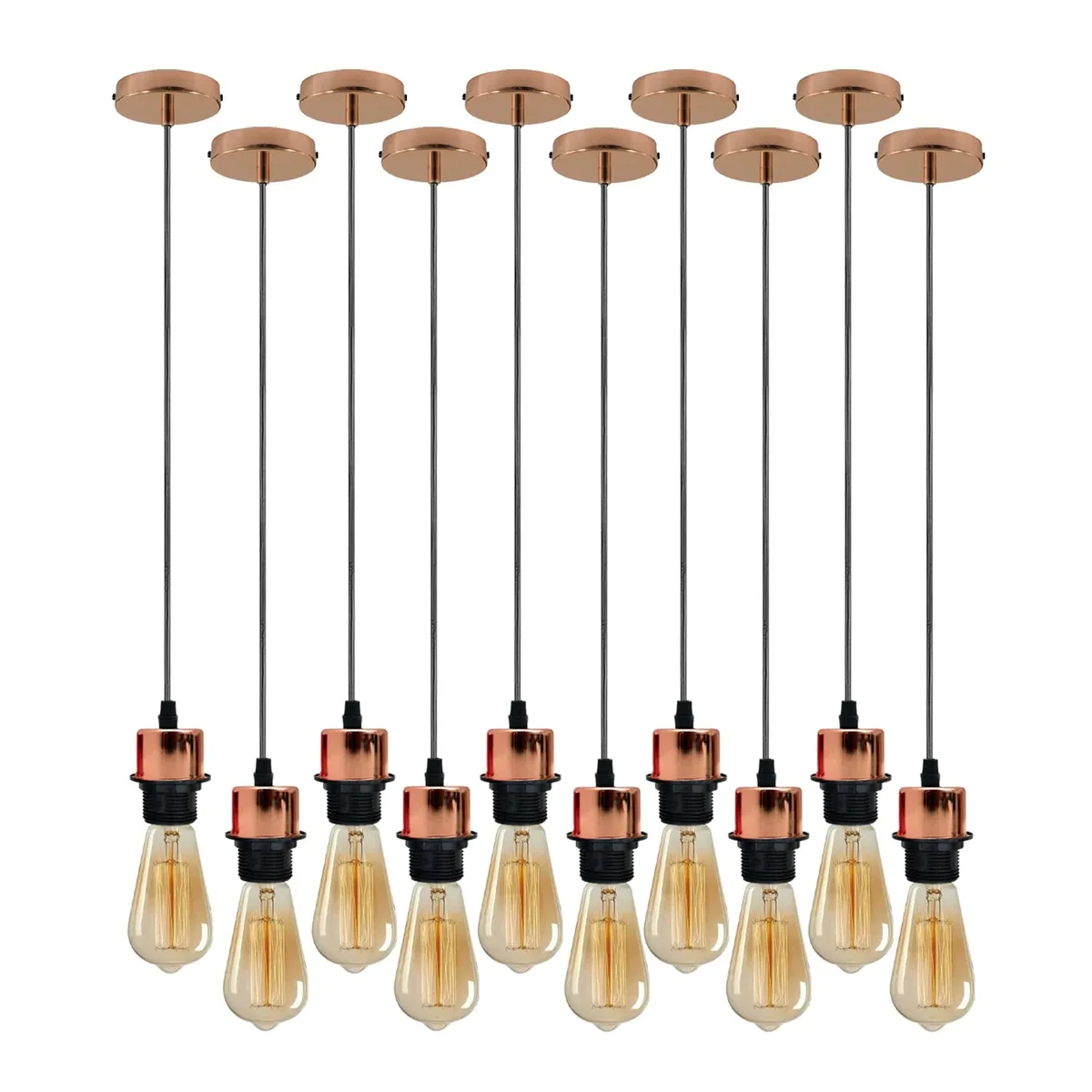 Ten rose gold pendant light holders with 95cm cables, sold as a set, ideal for modern ceilings.