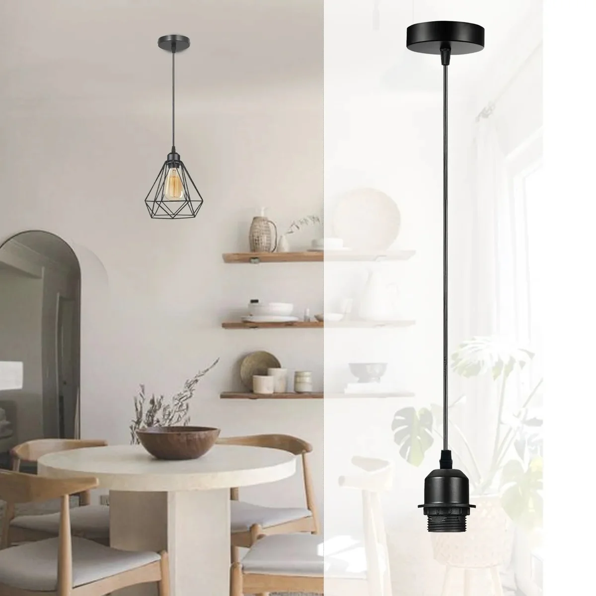Two black pendant light holders with vintage metal design, PVC cables, and matching ceiling roses