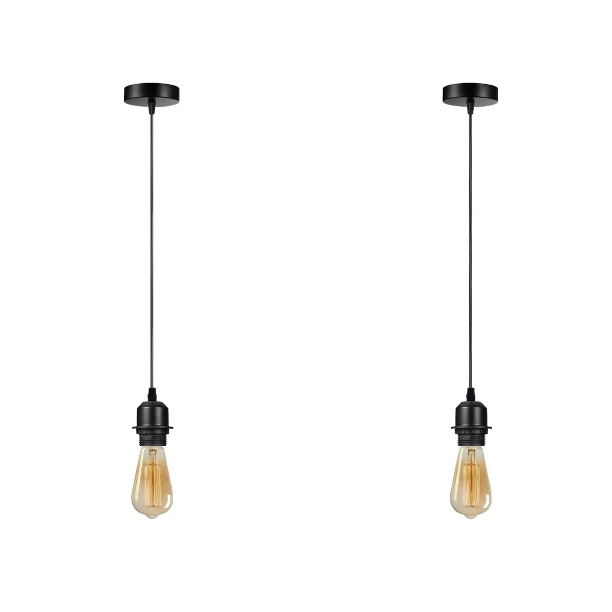 Two black retro style pendant light holders hanging from ceiling with 95cm PVC cables, dimmable hanging light kit