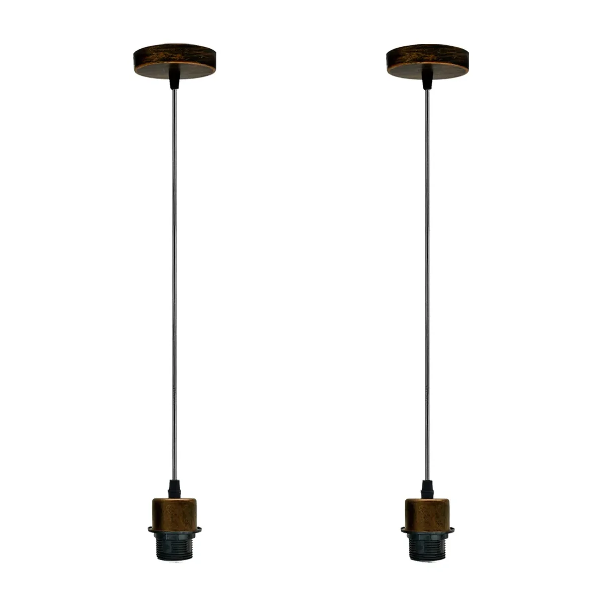 Two brushed copper pendant light holders with adjustable 95cm PVC cables, vintage style, ready for E27 bulbs.