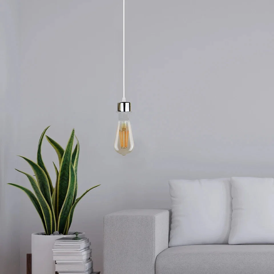 Two chrome pendant light holders with 95 cm PVC cables, E27 sockets, hanging from ceiling, vintage/retro style.