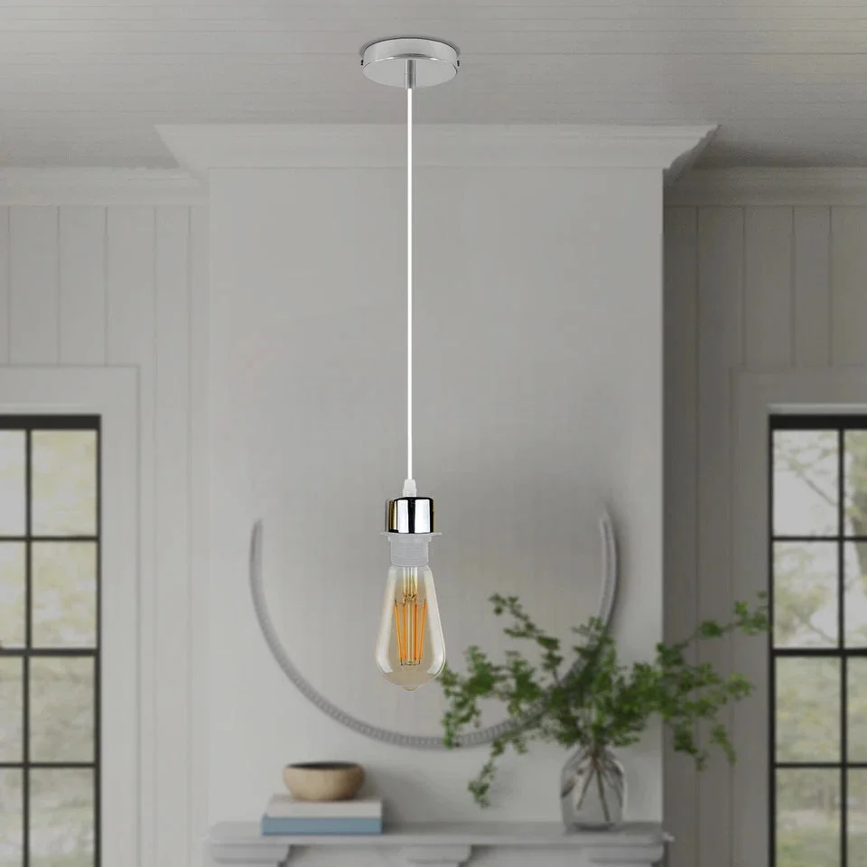 Pair of chrome pendant light holders on 95 cm PVC cables, designed for E27 lamp holders, hanging from ceilings