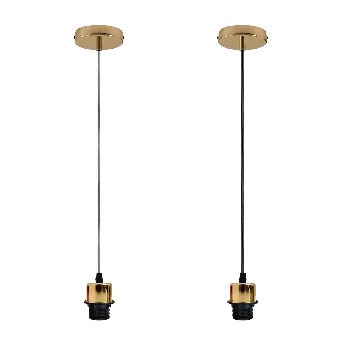 Two gold adjustable cable pendant lights in vintage style, each with an E27 socket and decorative PVC cables.