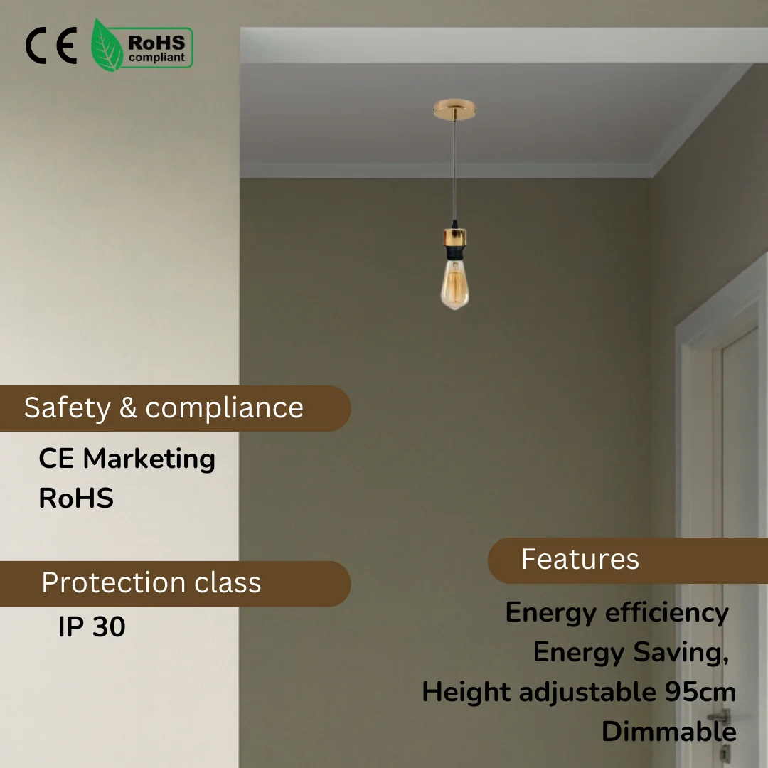 Two gold vintage pendant lights with metal holders, PVC cables and 95cm adjustable length, ready for E27 bulbs.