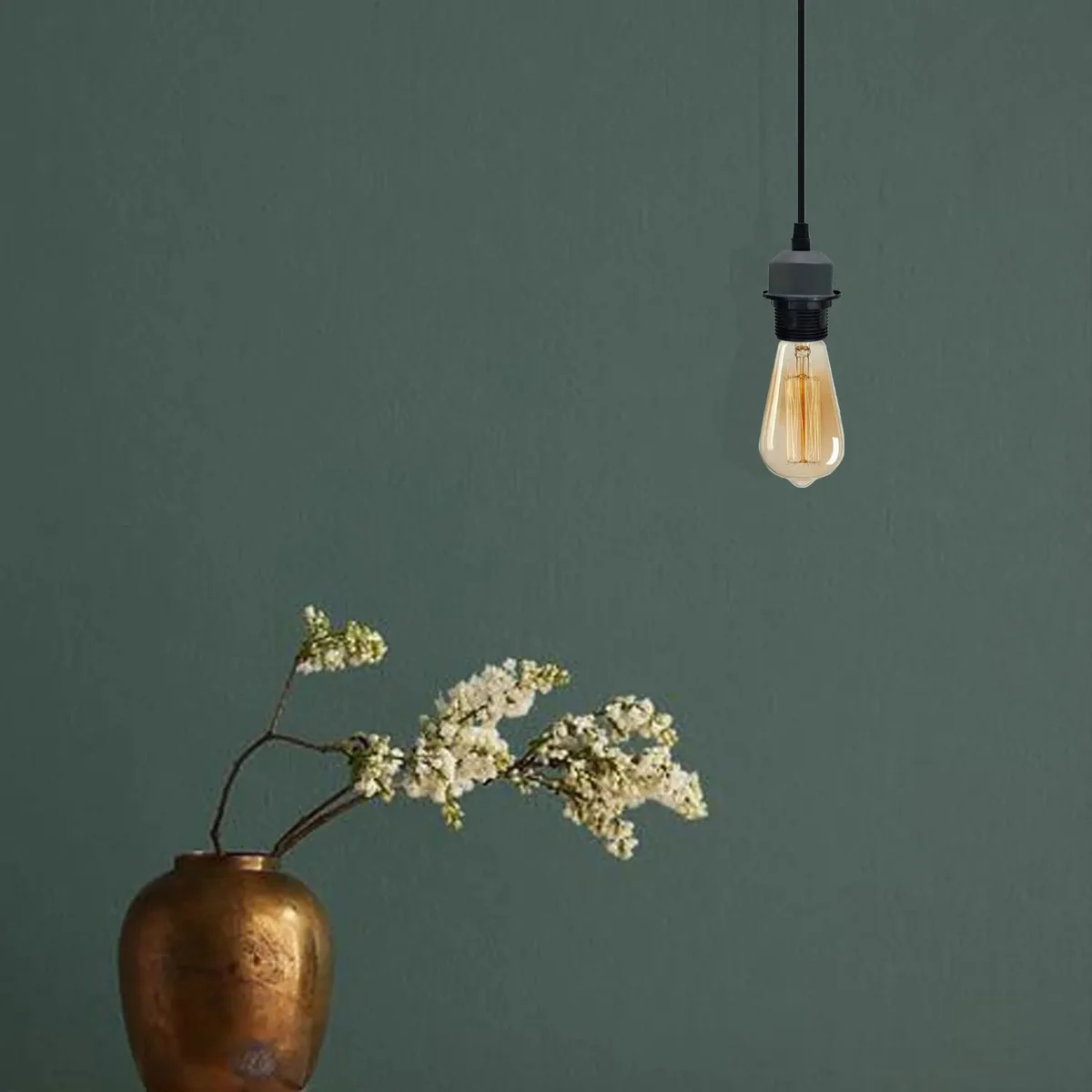 Two metal pendant light holders with 95cm PVC cables and ceiling rose fittings.