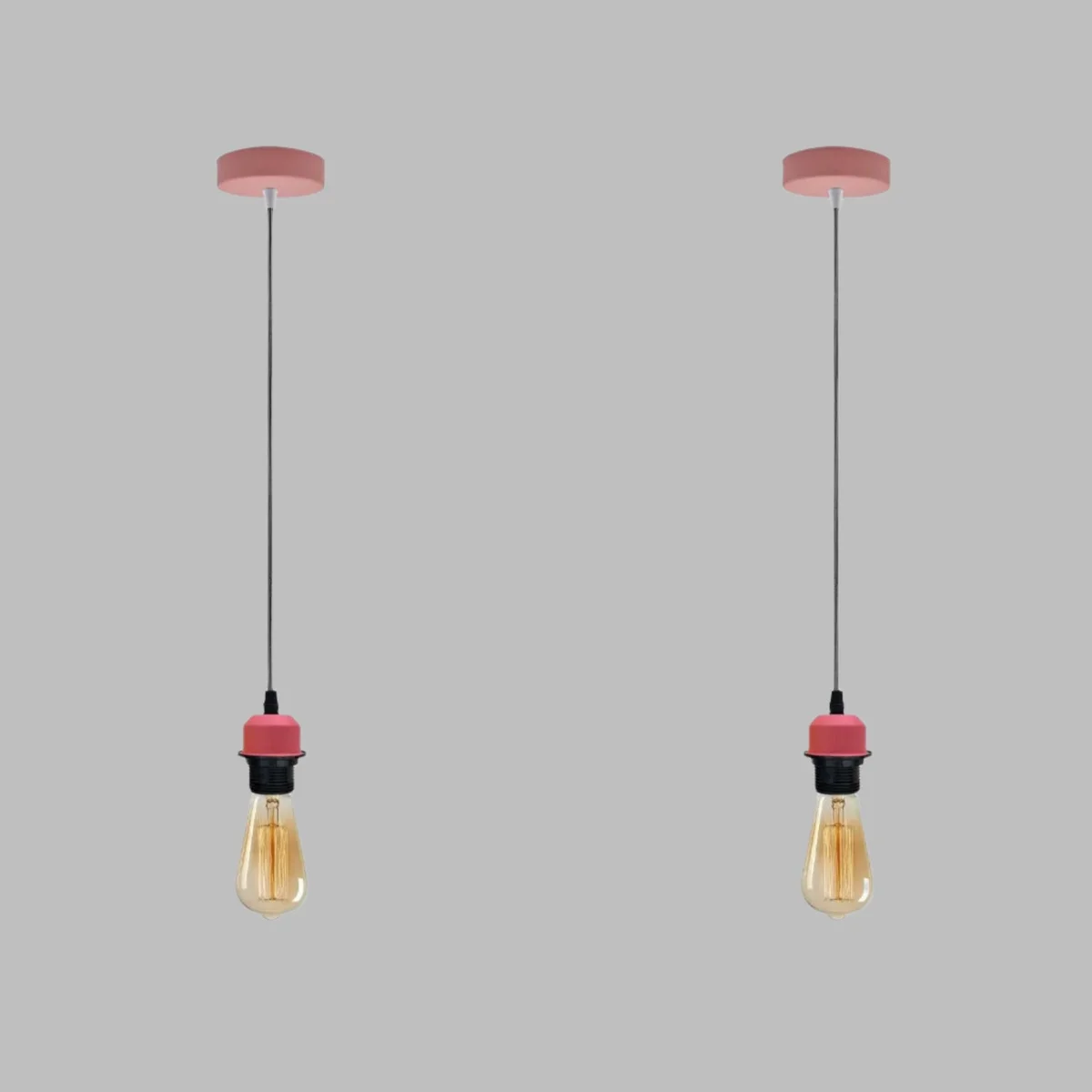 Pink pendant light holder with vintage style, metal and PVC construction, adjustable 95cm cable, all components in a 2‑pack.
