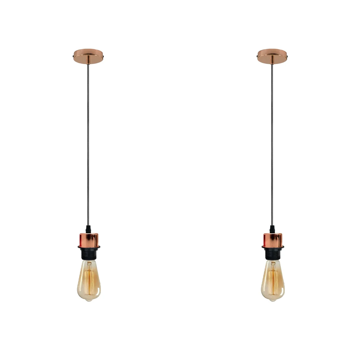 Two rose gold pendant lights with adjustable PVC cables and metal housings, a rose gold pendant light finish.