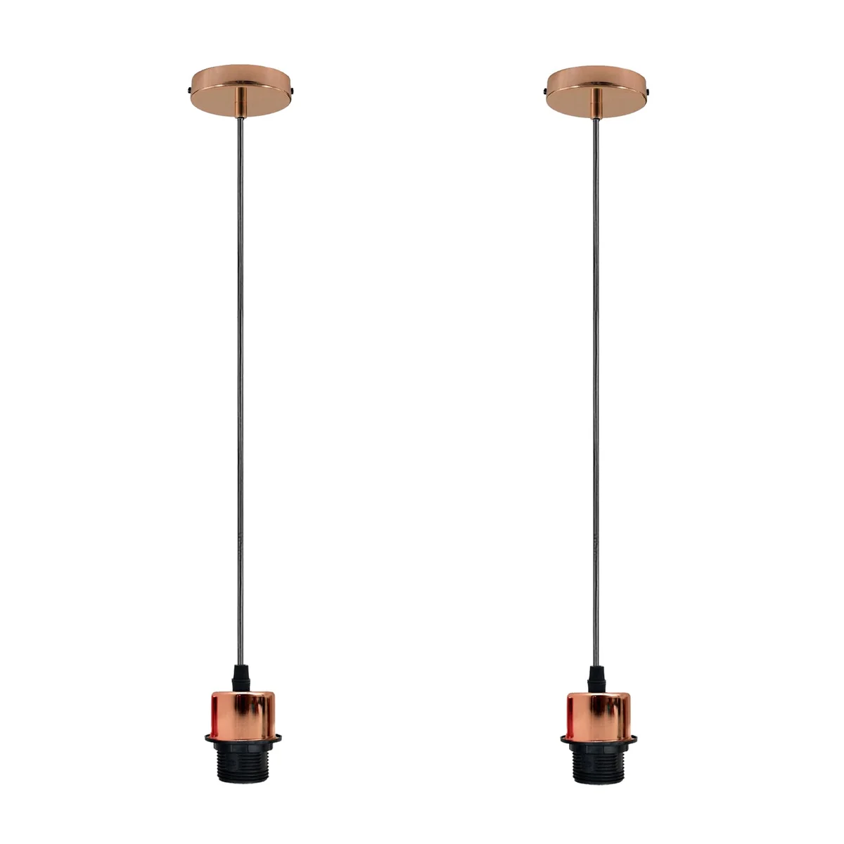 Two rose gold E27 pendant light holder pieces on 95 cm cables, ready for installation