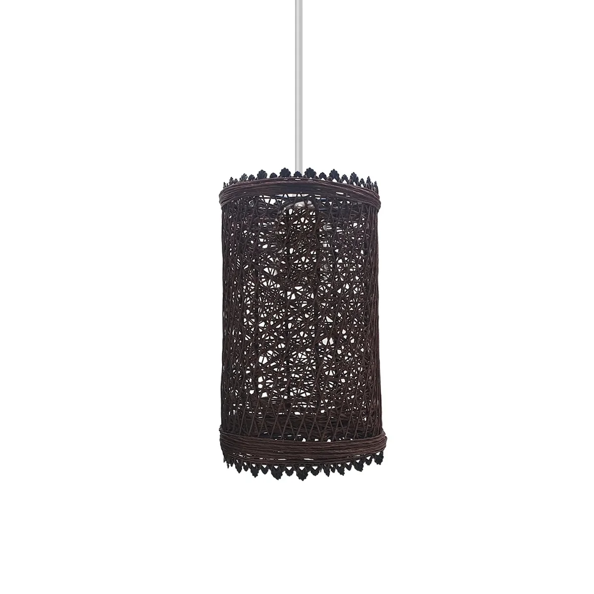 Rattan lamp shade featuring a 1cm hole barrel cage design for E27, vintage‑rattan style with natural woven texture.