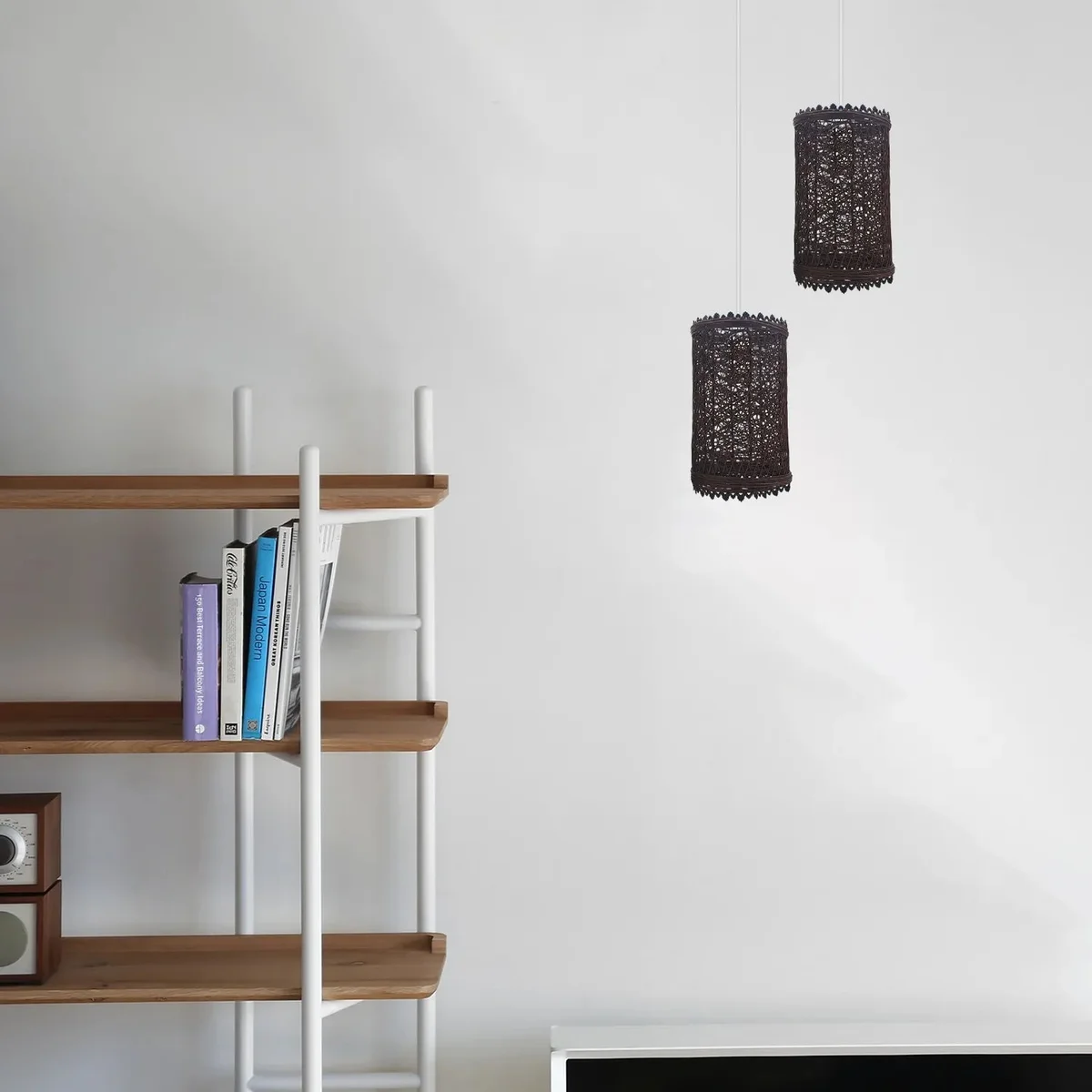 Vintage rattan lampshade with barrel cage design, 1cm holes, ready for an E27 bulb, shown on table lamp base