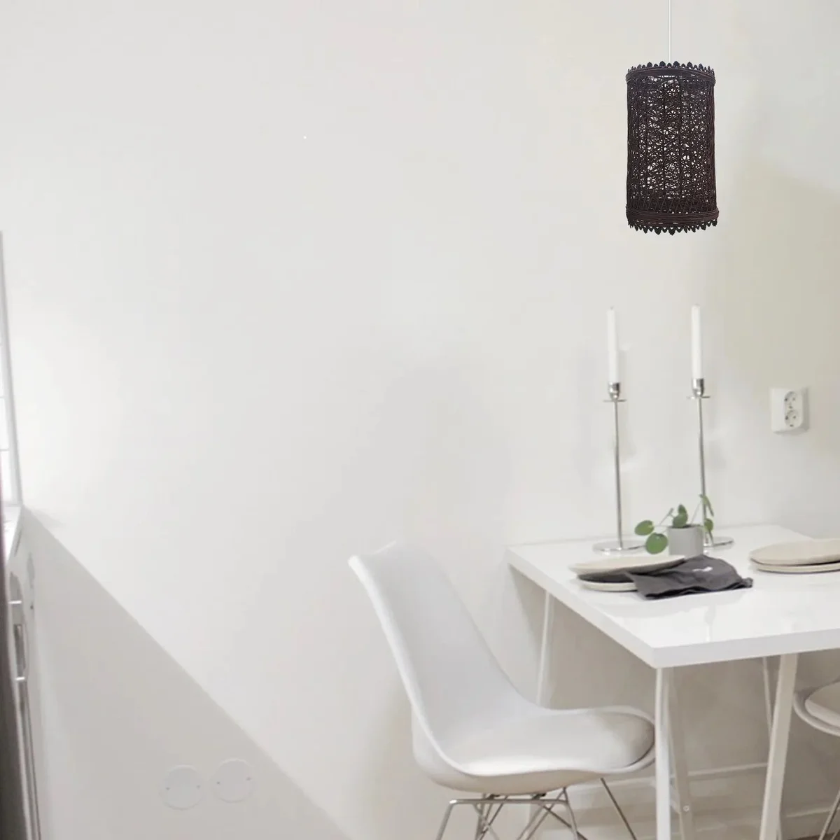 Barrel cage lamp shade with woven rattan style, 1 cm holes, fits E27 bulbs, vintage touch for cozy indoor lighting.