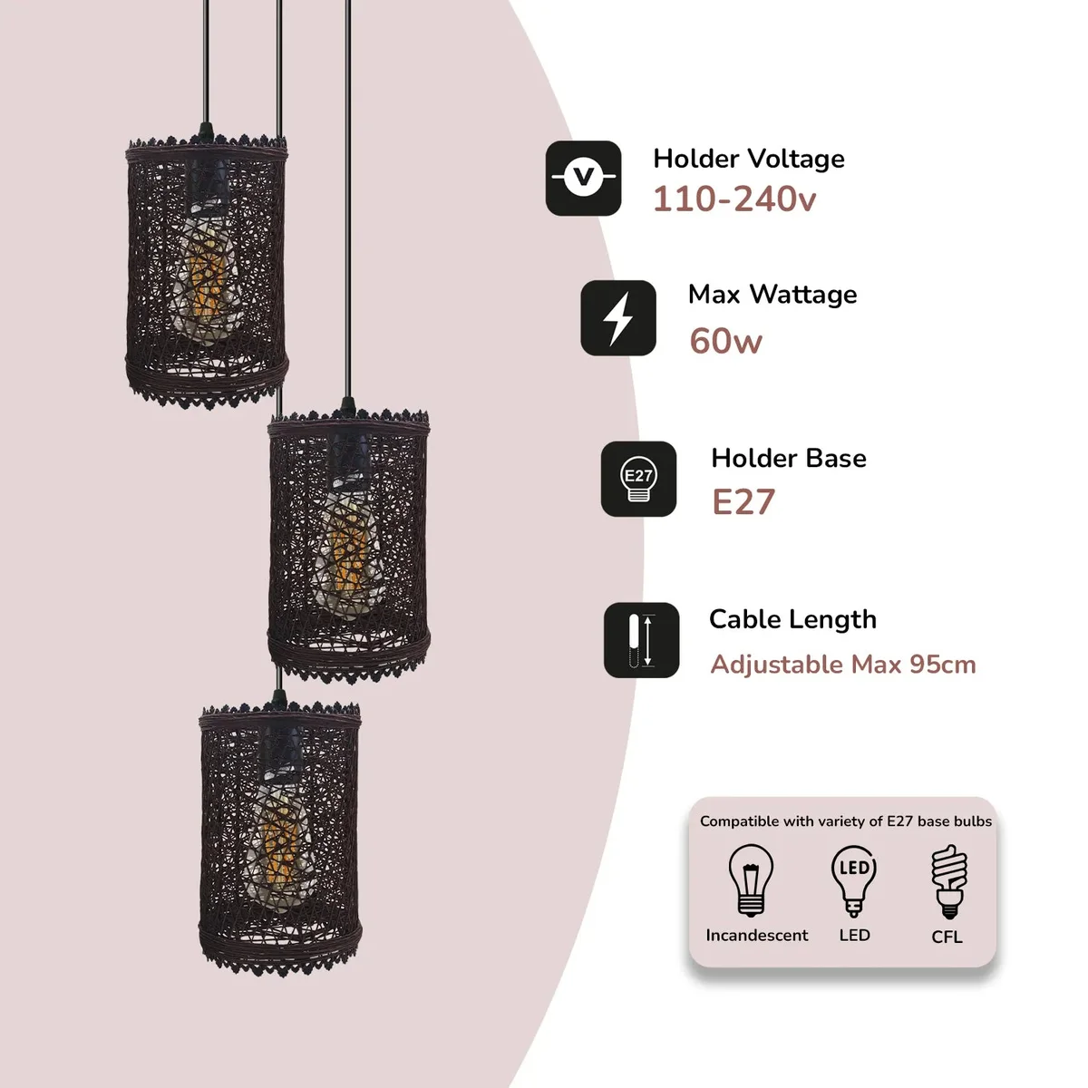Three‑head rattan ceiling pendant light with vintage style, PVC and metal frame, fitting E27 sockets, 95 cm cord, 22 cm tall.