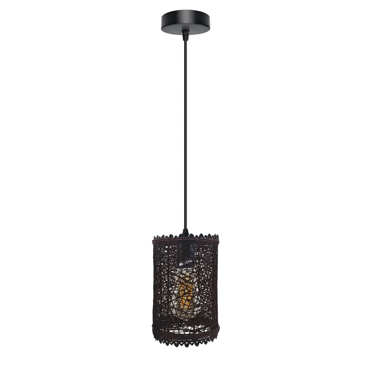 Rattan ceiling pendant light with three vintage rattan lampshades suspended from a ceiling rose, 14cm wide