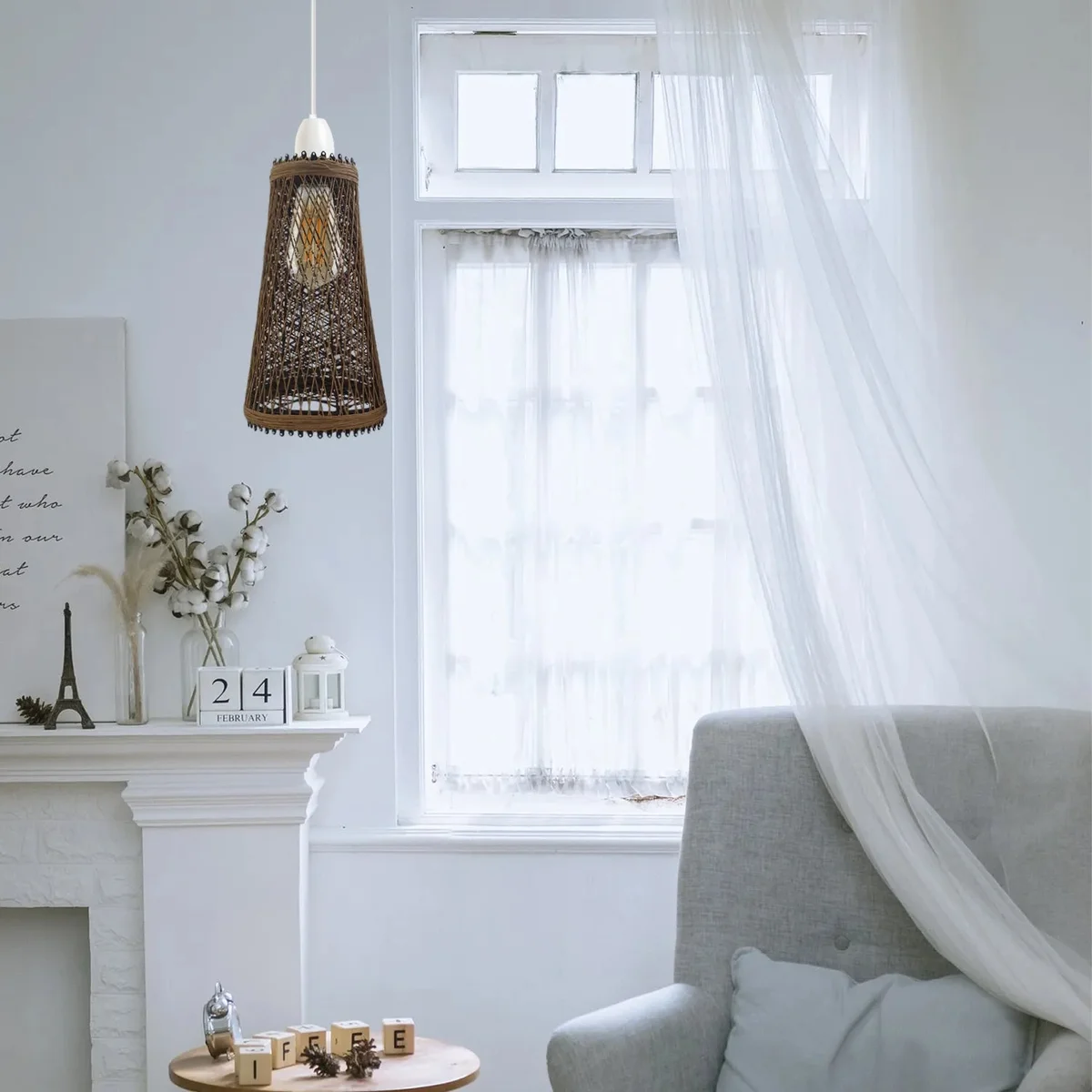 Rattan vintage barrel shade, easy fit lamp shade for E27 base, fits table, floor or ceiling lights.