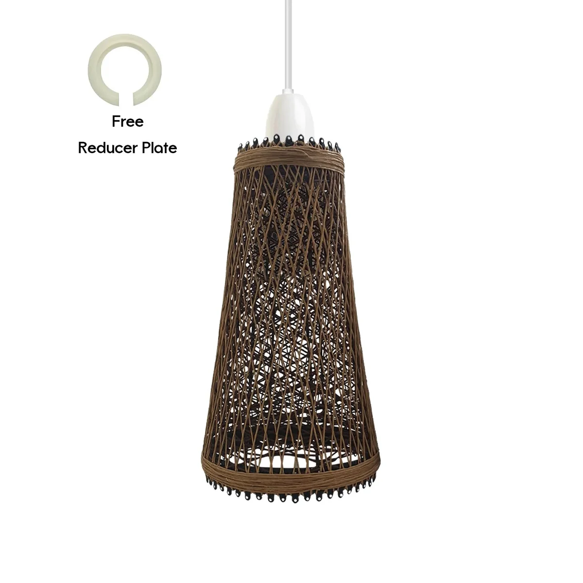Indoor ceiling light shade with vintage rattan lampshade in woven wicker pattern, hanging from ceiling.