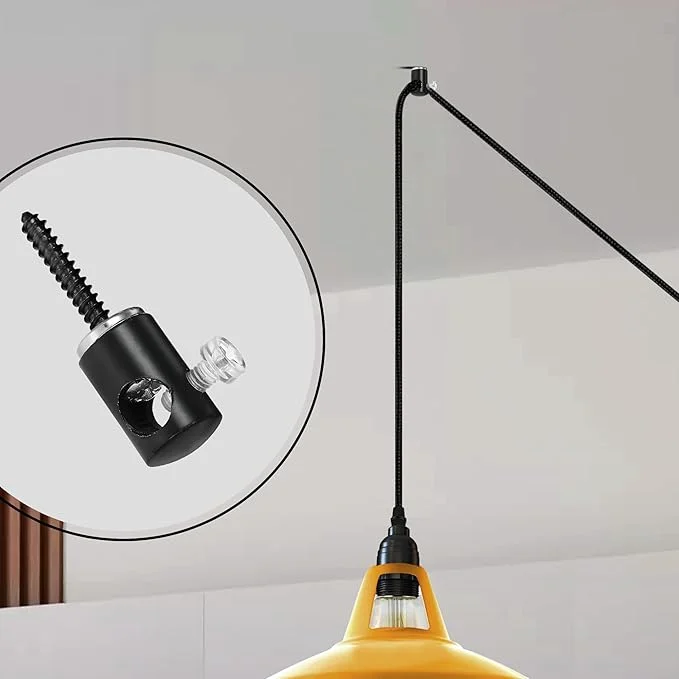 Metal pendant light hook with 3/8" screw thread and power button, for mounting fabric cables <7.8mm – cord mounting clips.