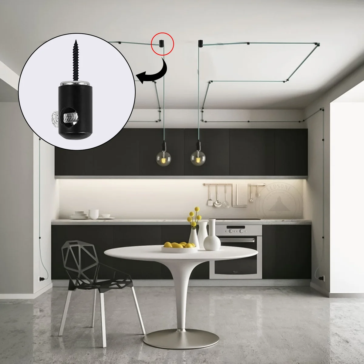 Metal cable hook for pendant light, featuring a sturdy steel body, 3/8‑inch thread, decorative side button.
