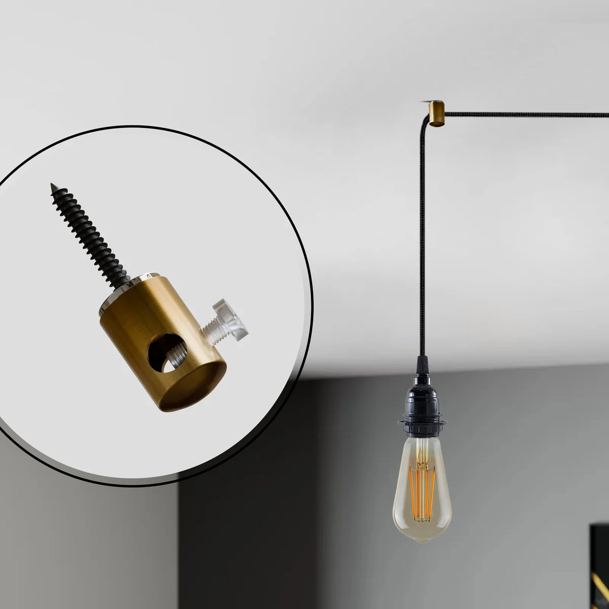 Metal pendant light cable hook with power button and 3/8-inch screw thread for mounting accessories.