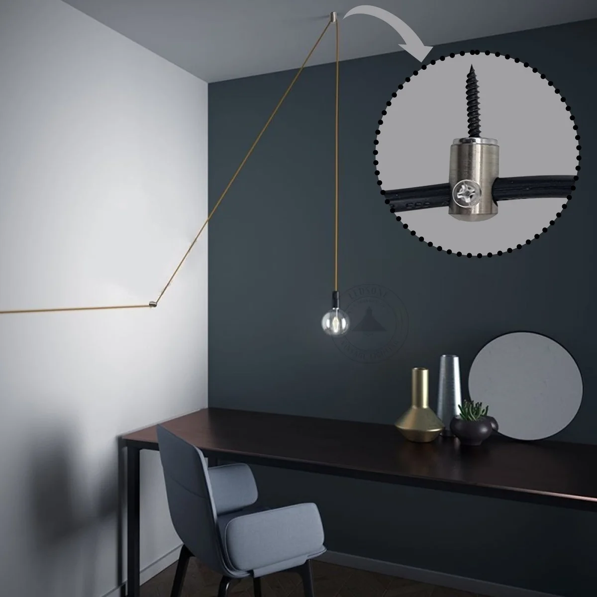 Metal pendant light cable hook with round spacer and screw‑threaded head for mounting threadless light stands