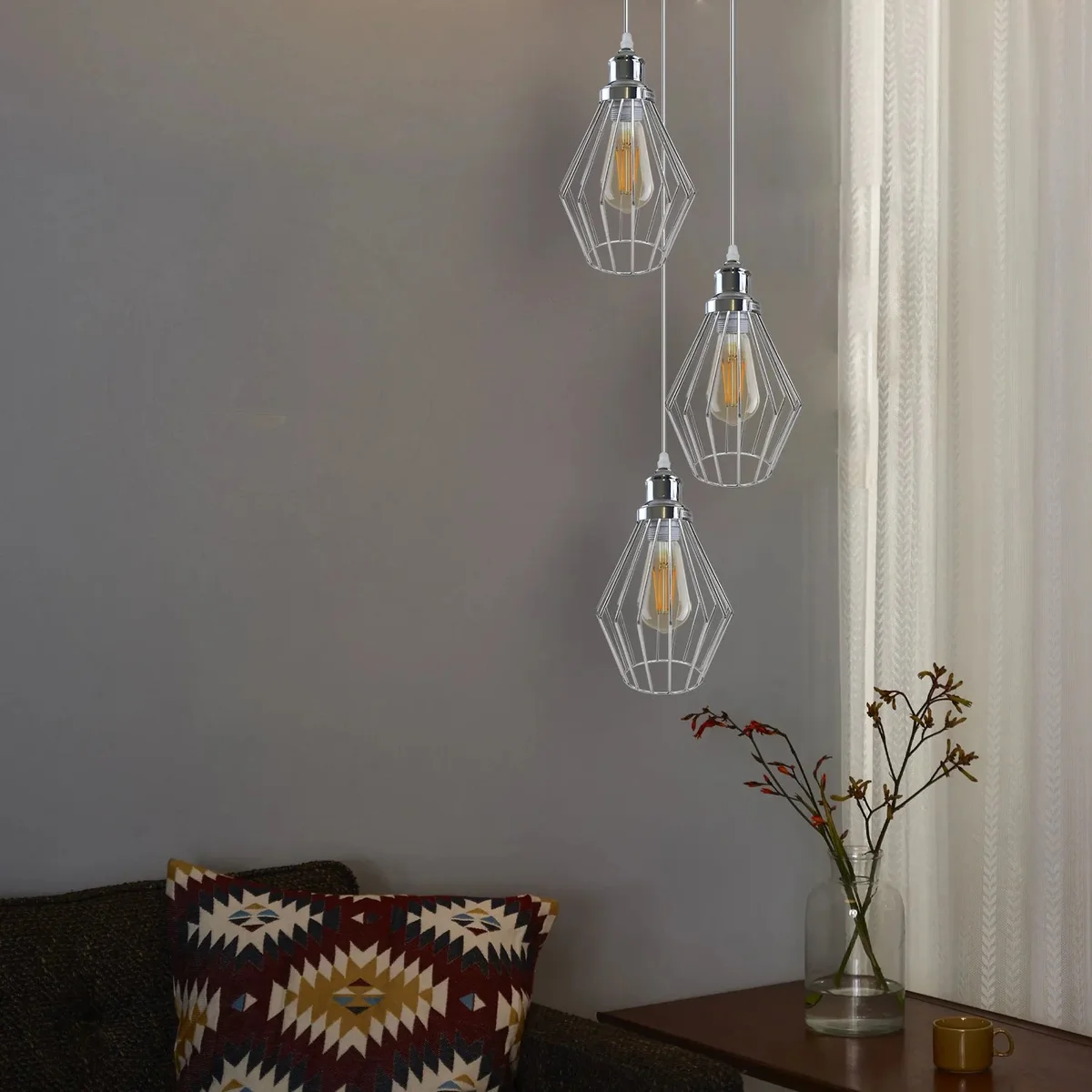 Chrome diamond cage vintage industrial pendant light with 20cm metal shade, hanging on 95cm cable