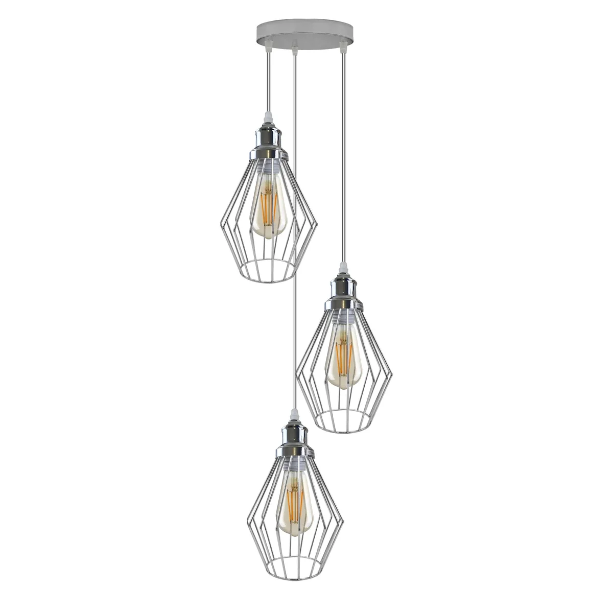 Modern industrial ceiling light with chrome diamond open cage, 20cm metal shade, hanging from 95cm cable.