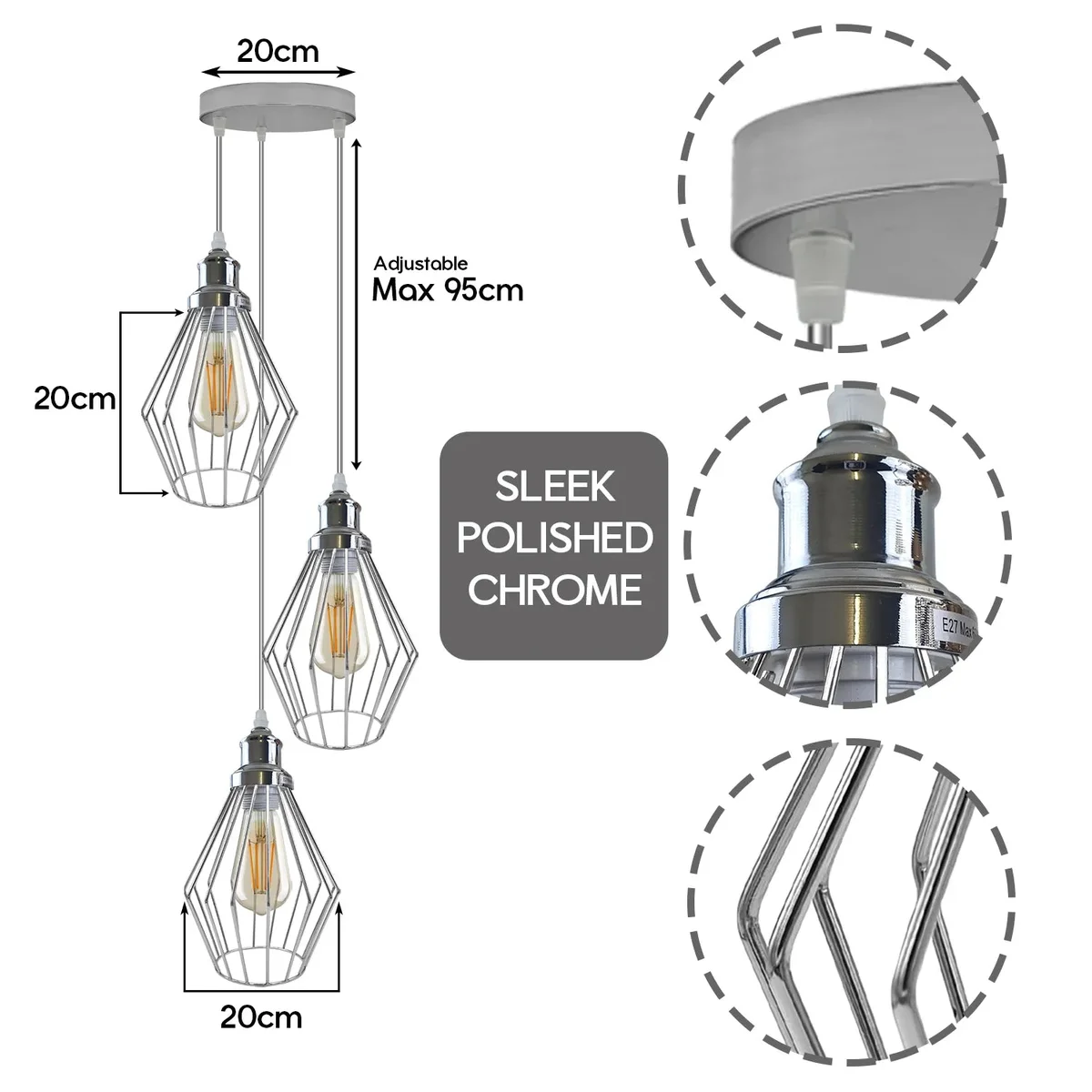 Vintage pendant lamp with chrome diamond cage and 20cm metal shade, suitable for rustic décor