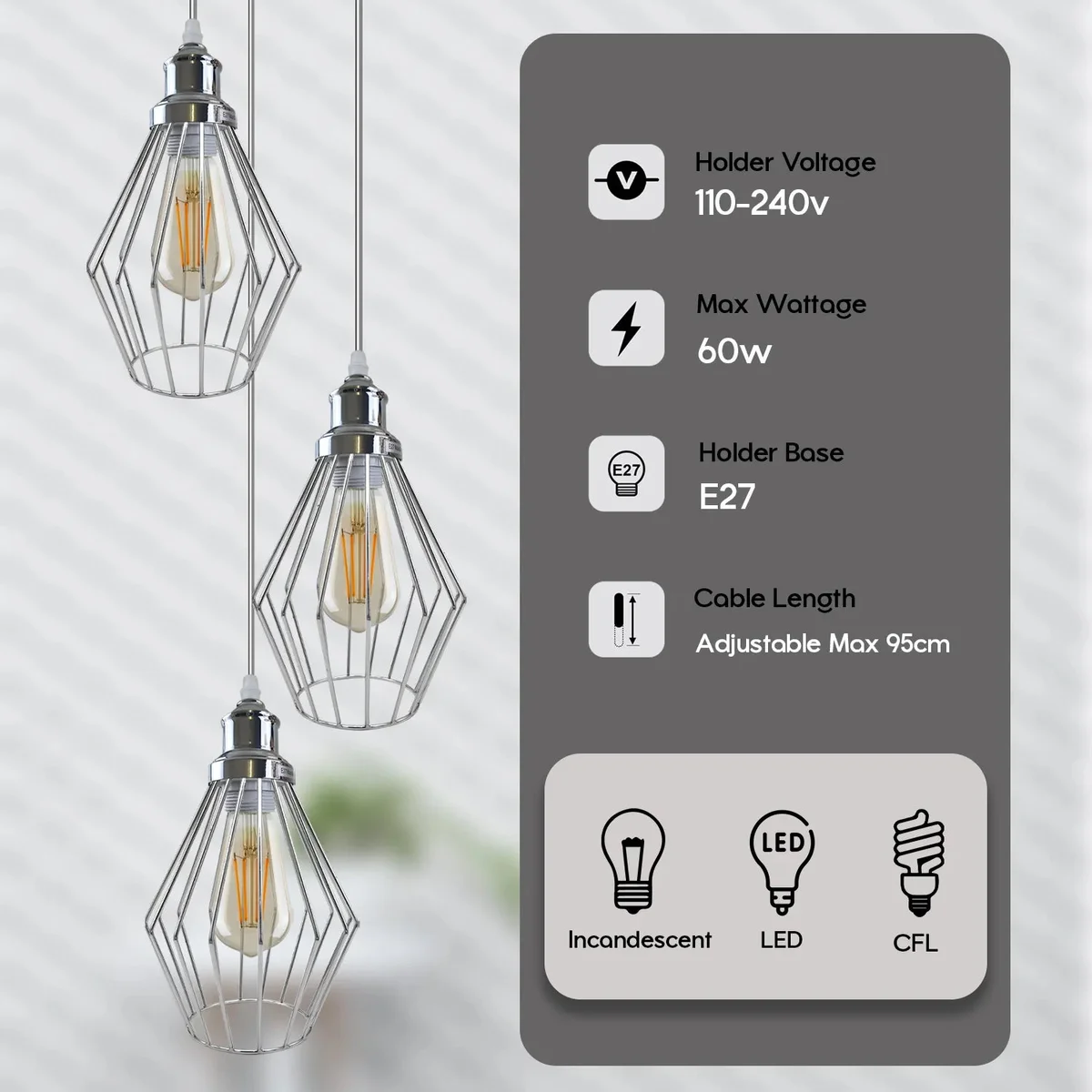 Diamond cage pendant with chrome open cage frame, 20 cm diamond-shaped metal shade, industrial style ceiling light