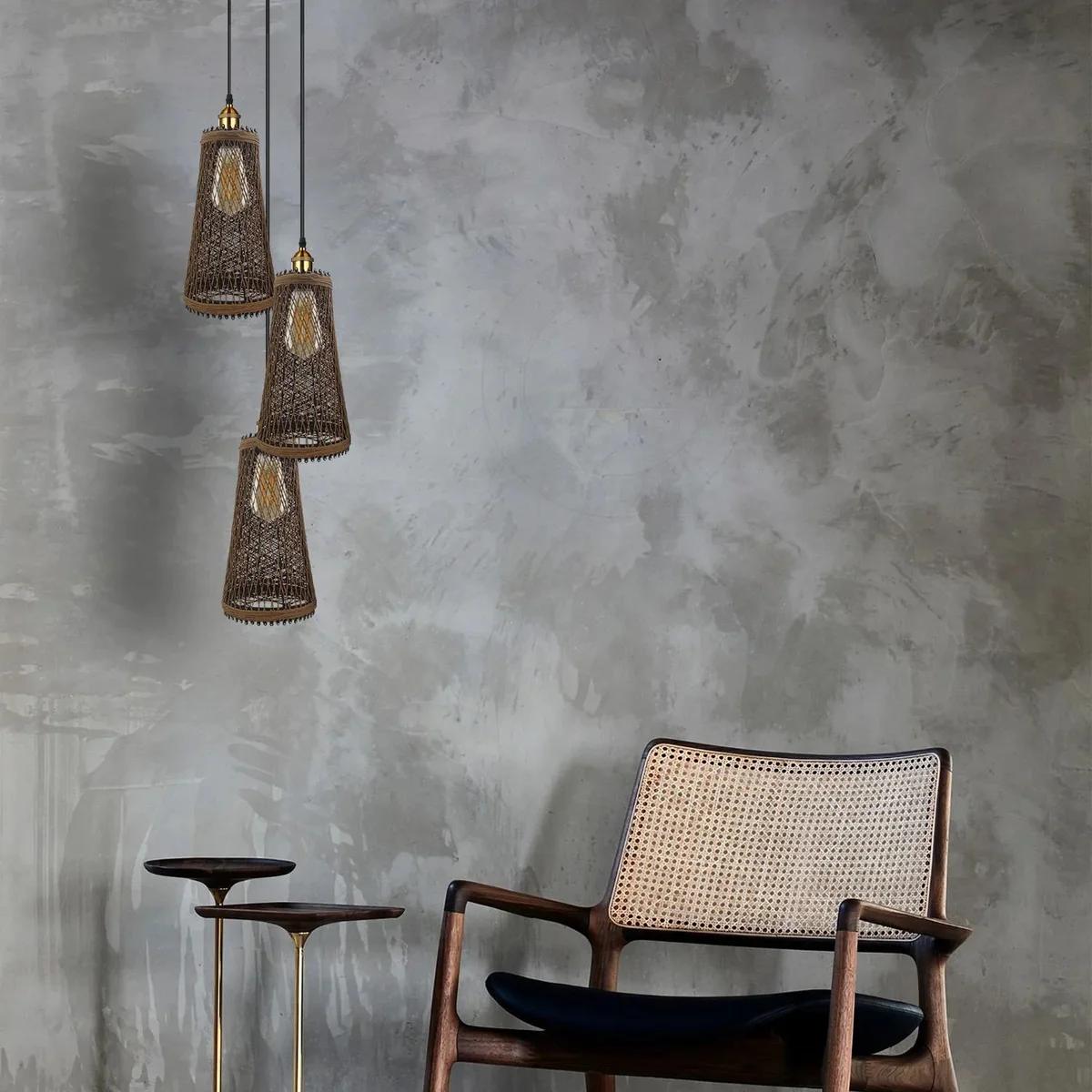 vintage ceiling light featuring three rattan cups and a metal hanging base, with E27 light holders.