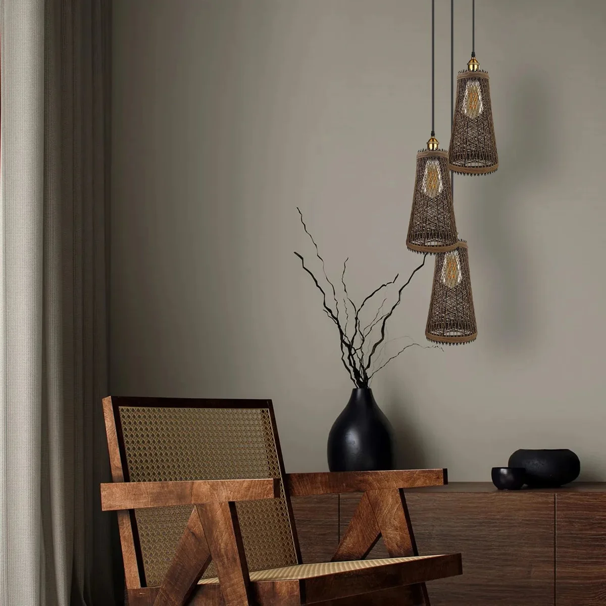 3 head pendant lamp with vintage rattan cages, metal frame, three E27 fittings, hanging 95cm from ceiling.