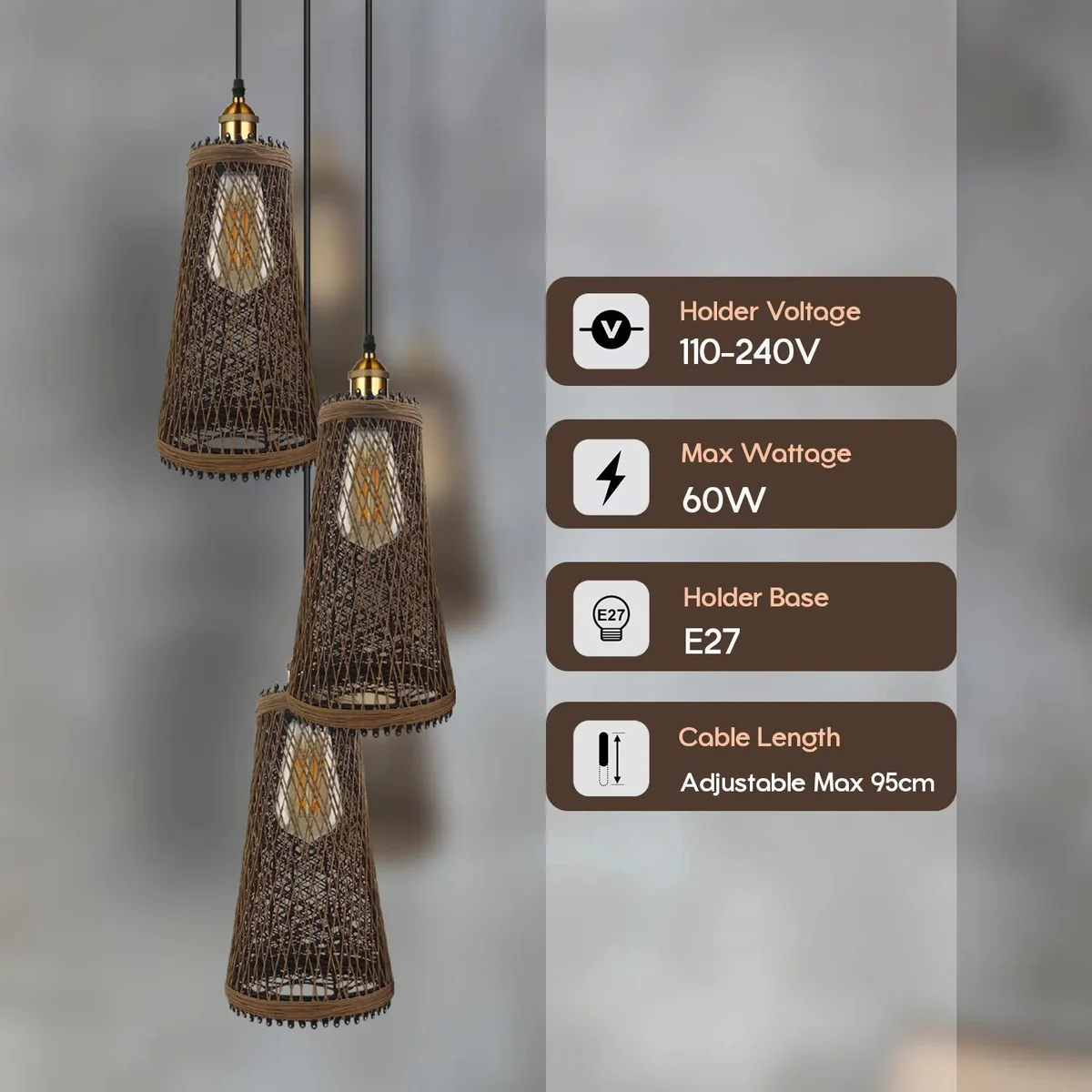 3-head vintage rattan ceiling pendant with adjustable hanging light, E27 fittings, 95cm cord, dimmable interior fixture