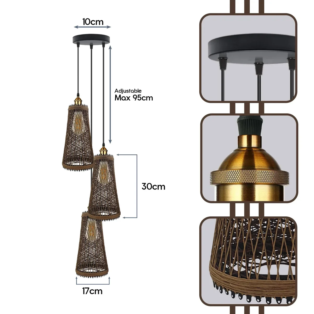 E27 bulb pendant with three rattan basket holders, metal base and wires hanging from ceiling