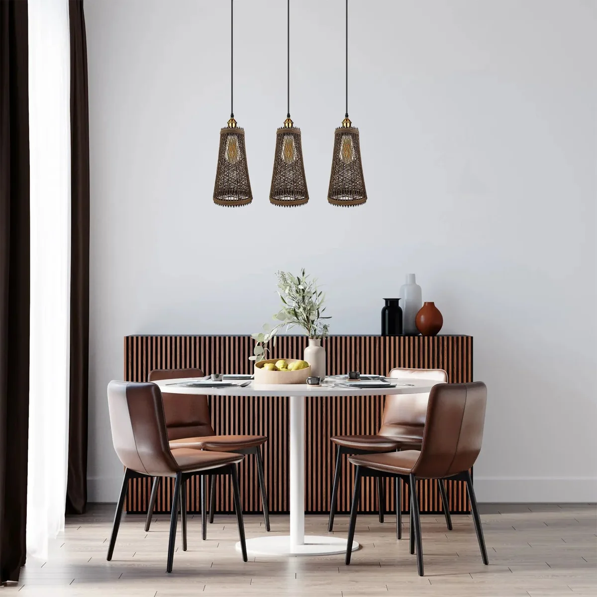 3‑head vintage rattan ceiling pendant featuring metal frames, 95cm adjustable cords and E27 screw lamp holders.