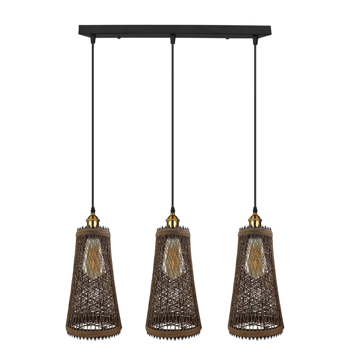 3 head pendant light in rattan and metal, hanging 95cm from ceiling with E27 screw fittings and dimmable feature.