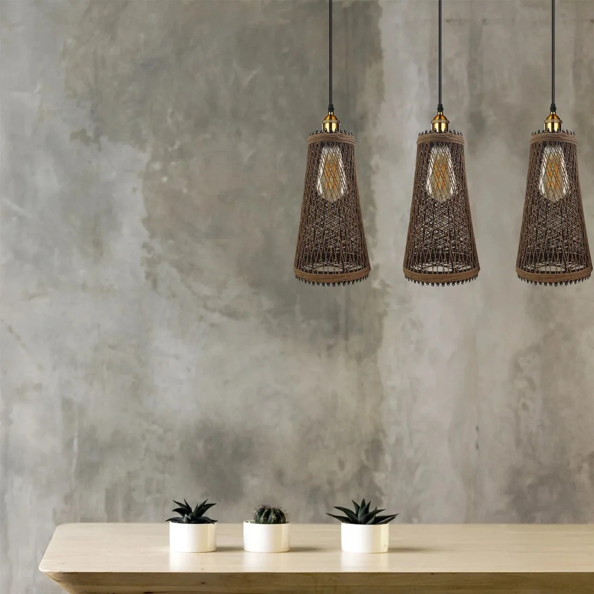 Vintage ceiling lamp with three rattan shades hanging from a long cord, metal fittings, perfect for indoor dining or living