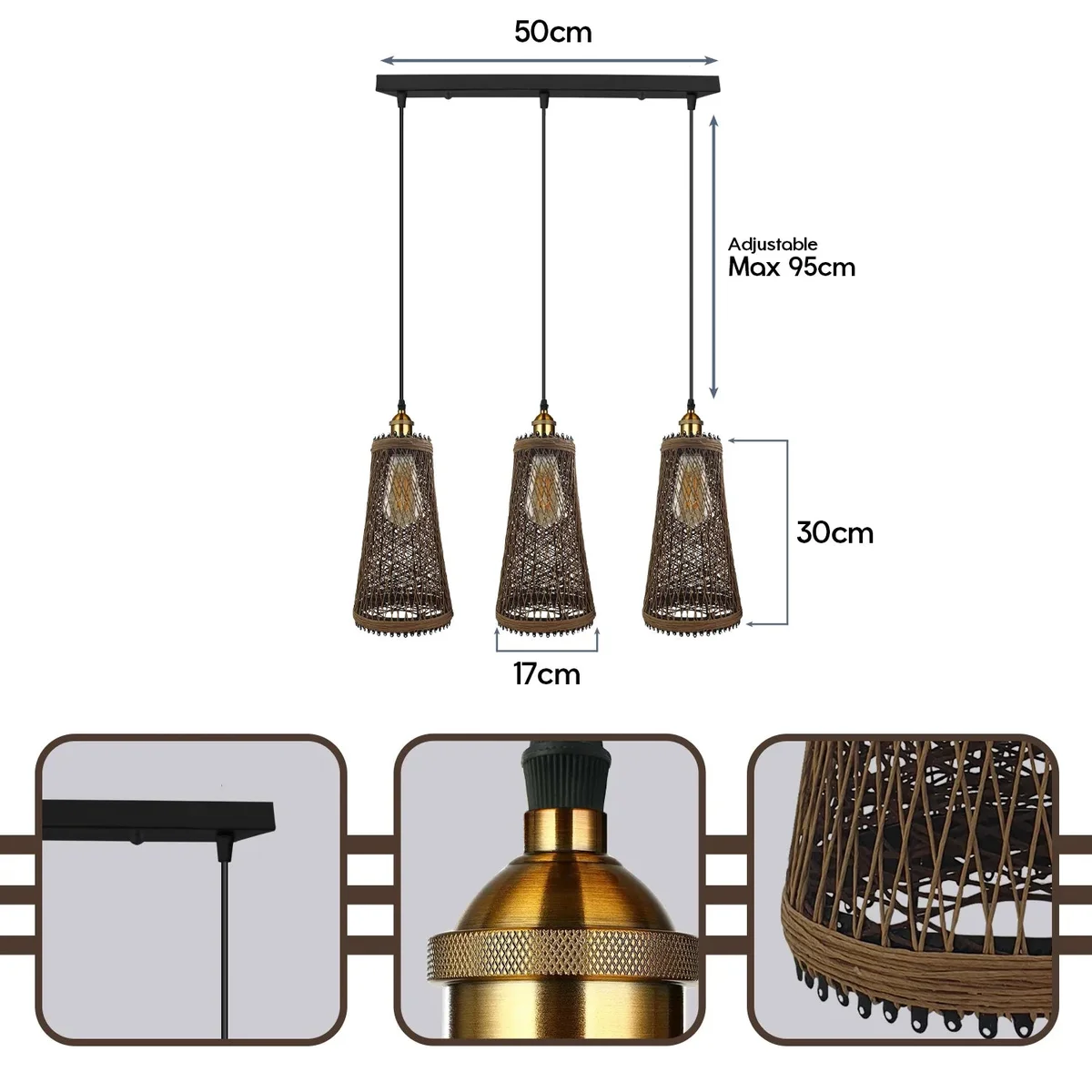 Three‑head rattan pendant, adjustable hanging light with 3 LED cups, vintage style, 95 cm cord.