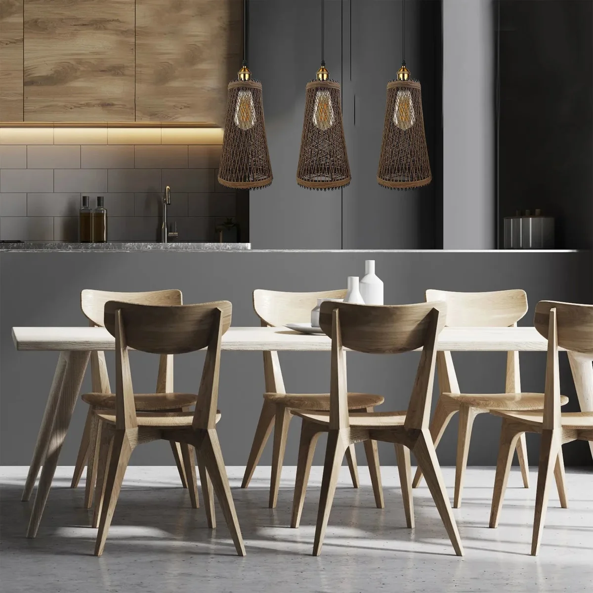 Three‑head rattan E27 bulb pendant with 95cm hanging cord, vintage style, ceiling light