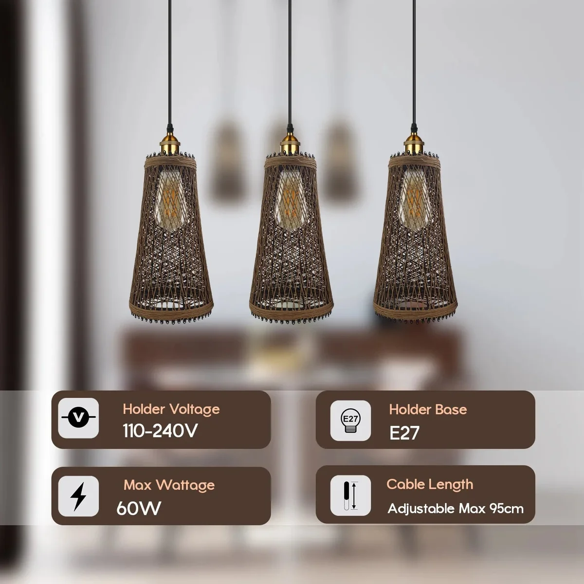 3‑head vintage rattan ceiling pendant with hanging cord, dimmable rattan light, metal base and E27 fitting.