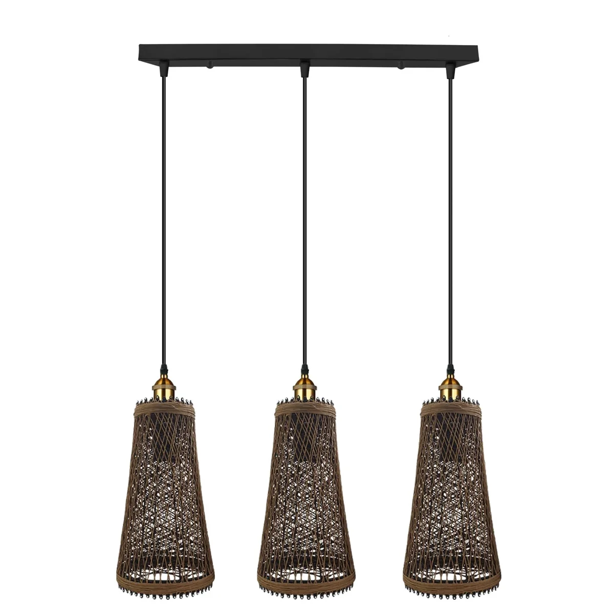 3‑head rattan ceiling pendant with vintage rattan cages, 30cm high, 17cm wide, 95cm cord, metal base, dimmable LED option