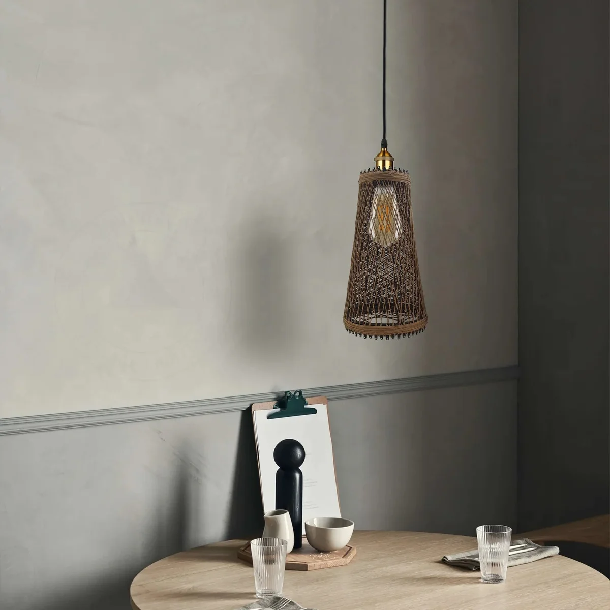 Handmade hanging light with rattan shade, metal fixture, vintage style, 95cm cord hanging over ceiling.