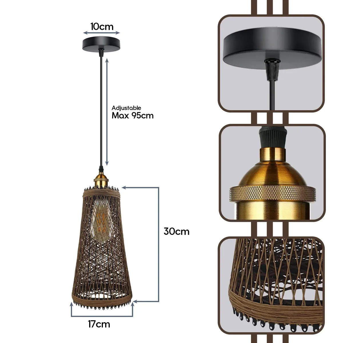 Vintage single rattan pendant lamp with adjustable cable, 30cm high, 17cm wide, metal base, soft textured shade.