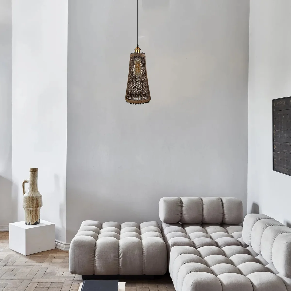 Indoor ceiling lamp with rattan shade, vintage style, E27 socket, white metal frame, 95cm cable, hanging from ceiling