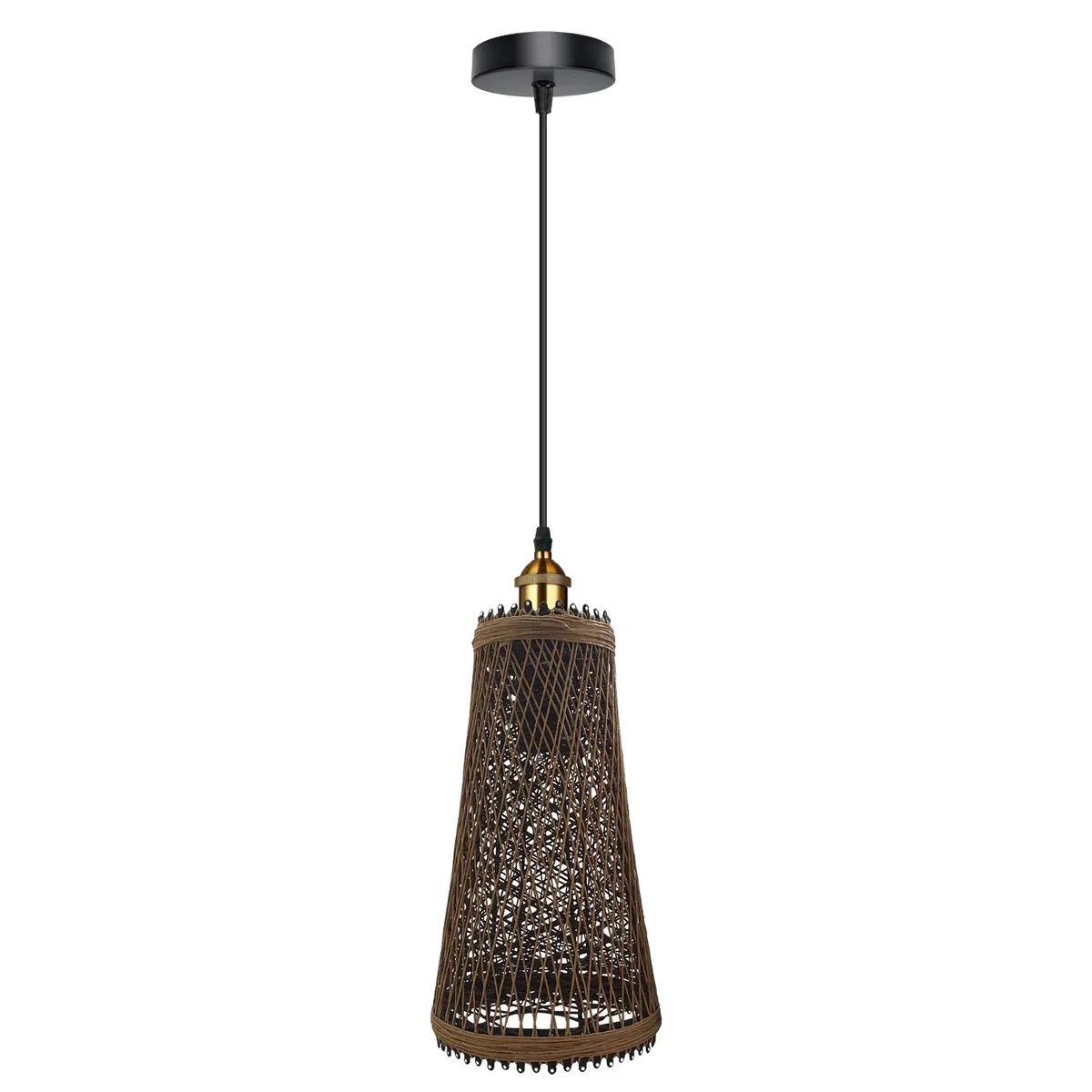 Rattan ceiling pendant light with metal base, PVC support, 30cm tall shade, hanging 95cm indoors.