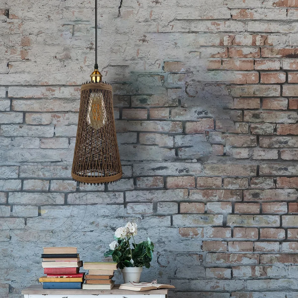 Single rattan ceiling pendant light with long cord, vintage style shade, metal holder, suitable for living room.