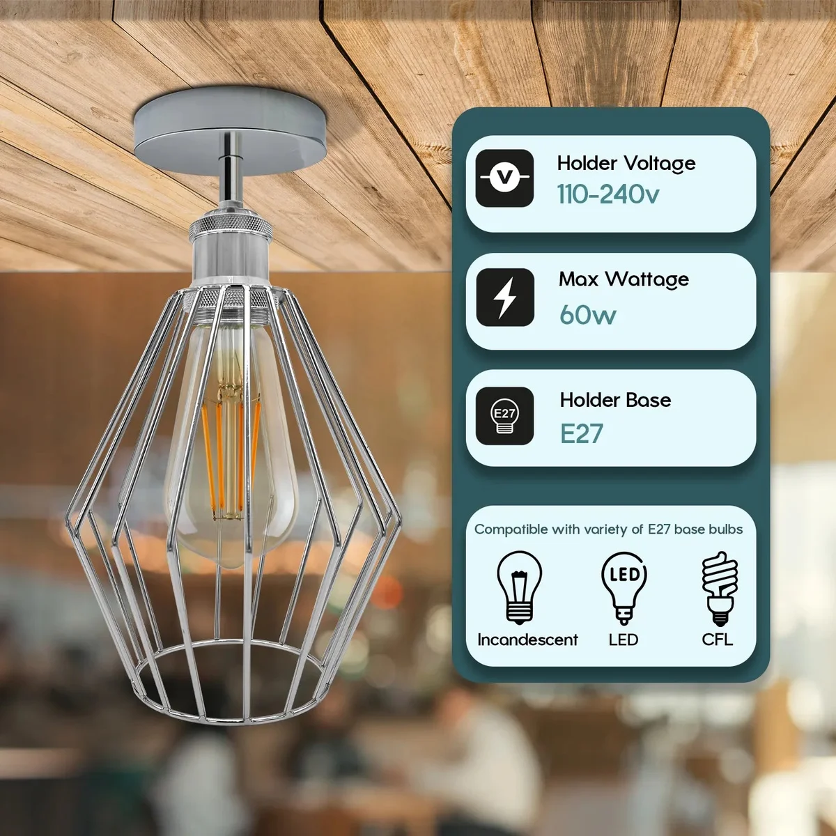 Flush mount ceiling light with metal diamond cage, 20cm diameter, 20cm high, vintage style