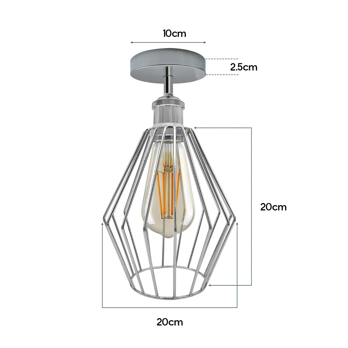 Diamond shape light fixture in electroplated metal, 20cm diameter cage and 20cm height, mounted flush on ceiling