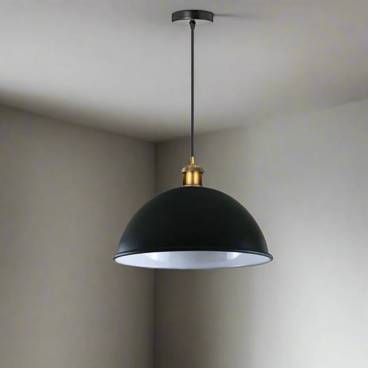 Black metal dome metallic pendant light with 40cm shade, 30cm height, adjustable cord, vintage style.