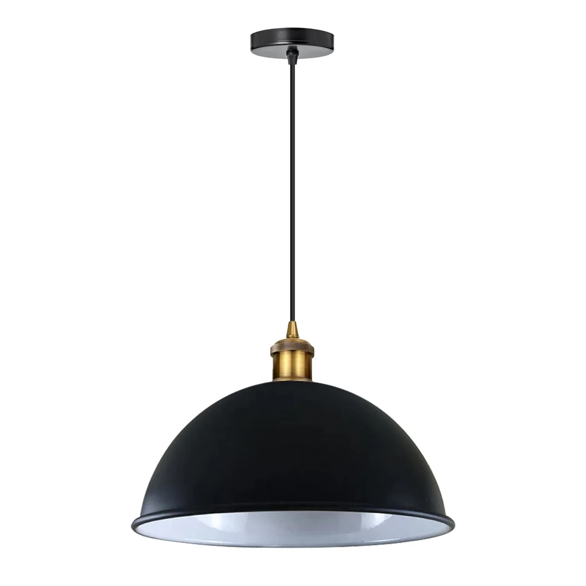 Matt black dome light shade with metallic pendant, 40 cm diameter, 30 cm height, adjustable 95 cm cord.