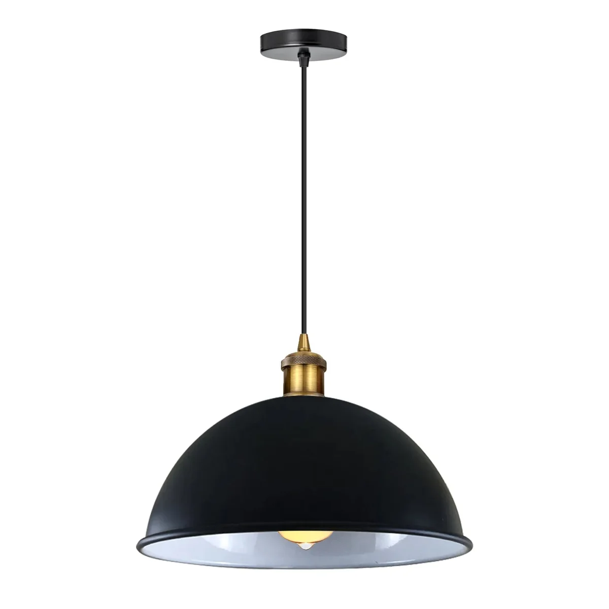 Vintage ceiling light: matte black metallic dome pendant on adjustable cord, classic industrial style.
